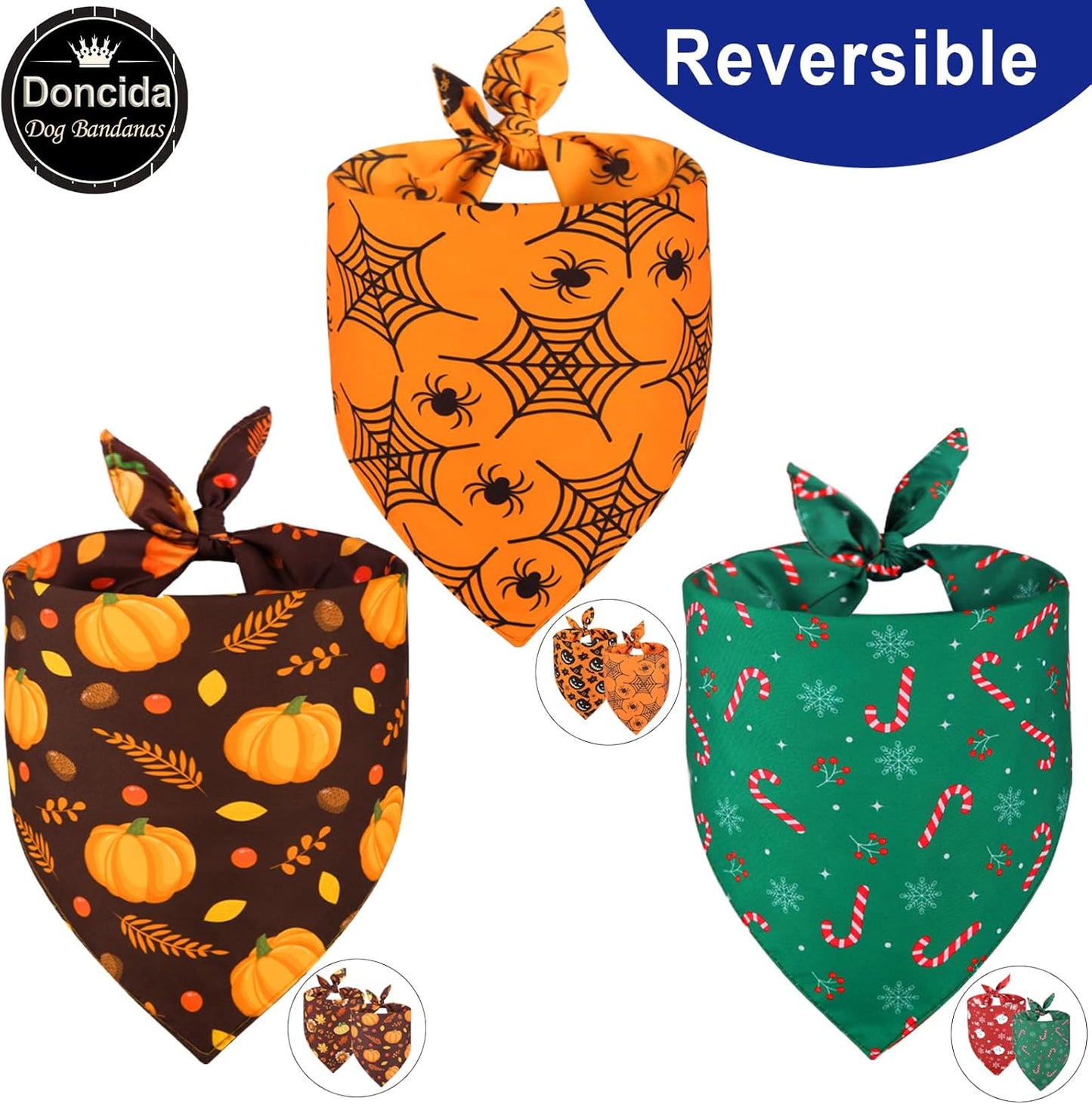 Doncida Halloween Dog Bandana and Thanksgiving Christmas Dog Bandanas 3 Pack, 6 Pattern Reversible Triangle Scarf for Large and X-Large Dogs, Premium Durable Fabric Bibs for Pets (X-Large)