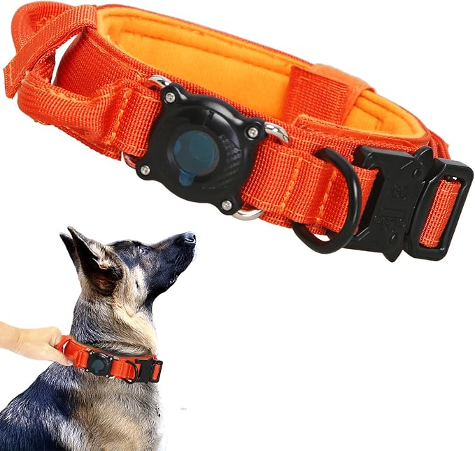 AirTag Dog Collar for Large Dogs Tactical Dog Collar with AirTag Holder | Upgrade Waterproof,Control Handle,Quick-Release Metal Buckle,1000D Nylon Fabric,Soft-Padded Webbing,Velcro Patch(Orange,L)