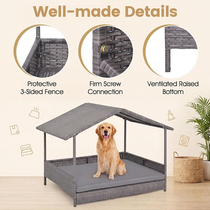 Tangkula Wicker Dog House, Indoor & Outdoor Raised Rattan Bed w/Removable Cushion, Washable Cover, Sloping Roof, Rattan Weather Resistant Puppy Shelter w/Elevated Floor for Small Medium Dogs