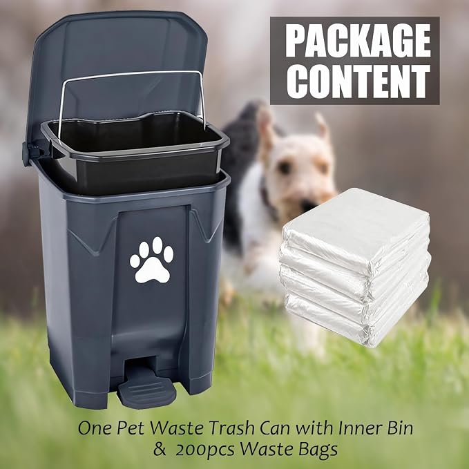 Dog Poop Trash Can Outside Outdoor Pet Waste Bucket with Lid Garbage Bin | Outdoors Pet Waste Station Dog Waste Disposal Container with Removable Inner Bin for Garden Yard Home Dog With Waste Bag Grey