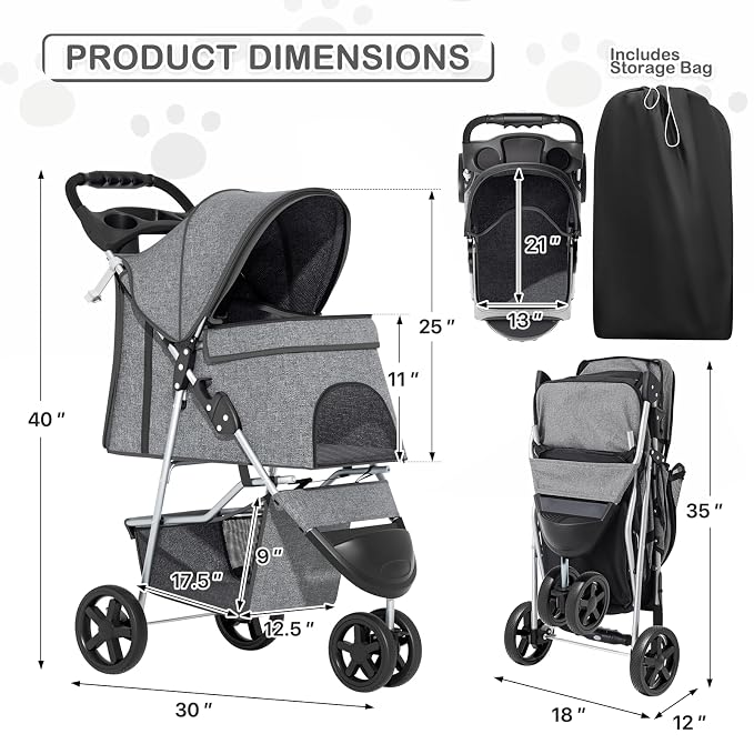 MoNiBloom 3 Wheels Pet Dog Cat Stroller for Small Medium Dogs and Cats, Lightweight Foldable Jogger Stroller w/Storage Basket and Cup Holder, Gray