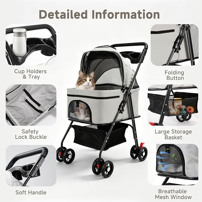 Pet Stroller for Small Dogs and Cats with 4 Wheels, 3 in 1 Foldable Dog Stroller with Detachable Carrier, Breathable Mesh, Storage Basket & Cup Holder, Up to 33 lbs