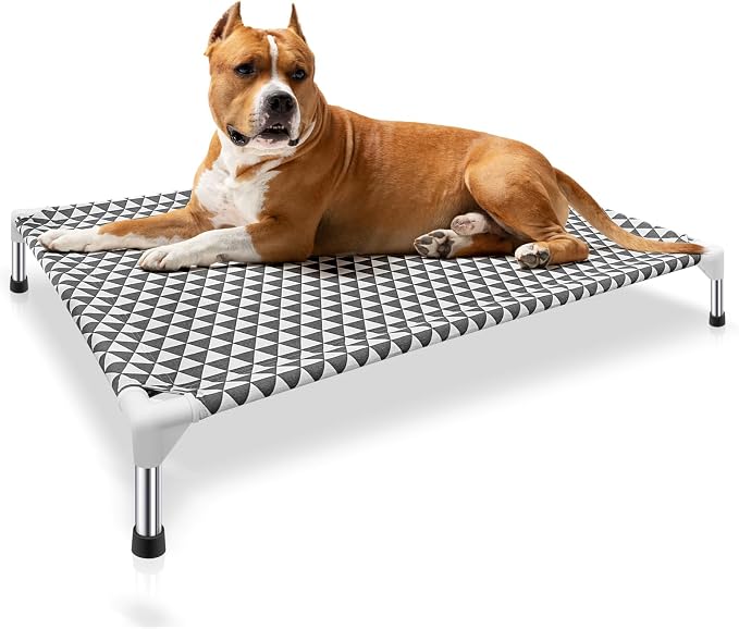 Kuntrust Elevated Outdoor Dog Bed, Large Size, Fits up to 100lbs | Breathable Fabric, Dual-Layer Cotton, Stainless Steel Frame, Anti-Slip Feet