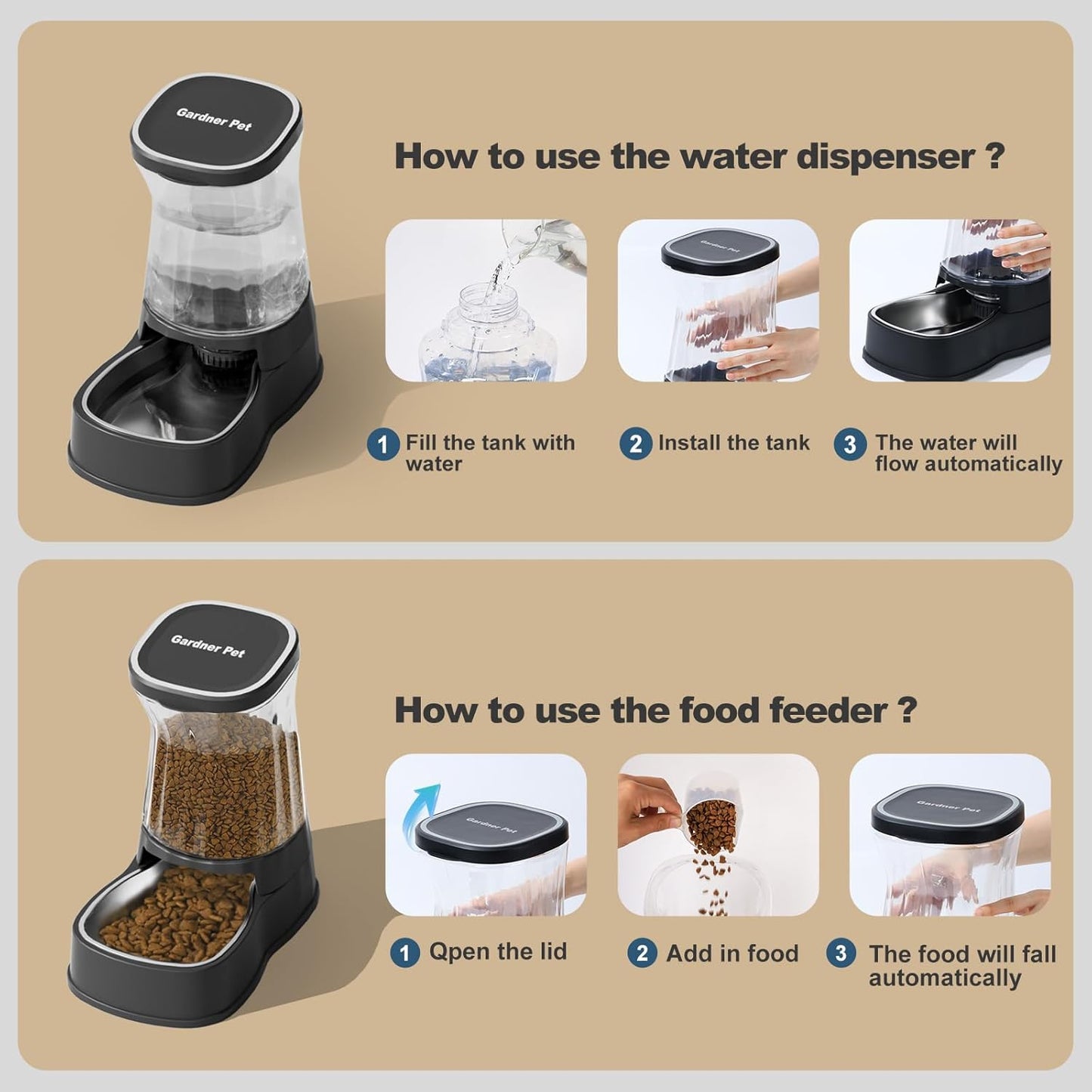 Automatic Pets Gravity Feeder and Water Dispenser Set with Stainless Steel Bowl, 1Gallon x 2 Stable Dog Food Feeder and Waterer, 100% BPA-Free for Small&Medium Dogs, Cats, Puppies(Black)