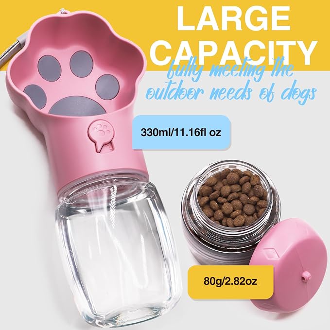 Dog Water Bottle with Food Container, Portable Pet Dispenser, Leak Proof, Hiking, Puppy Travel, Outdoor Activities(11.16 fl.oz/330ml, Pink)