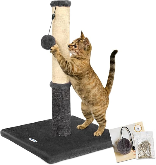 Happi N Pets Cat Scratching Post, Cat Scratcher for Indoor Cats, Sisal Scratching Post & Carpet Post in One, Stable Kitten Scratching Post with Replaceable Toy, Extra Free Toy, Smokey Gray
