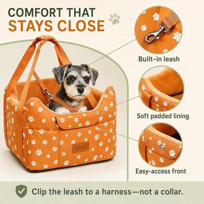 Center Console Dog Car Seat for Medium Dogs, Orange | Portable Armrest Booster With Soft Cushion Safety Belt, Up To 21 Lbs