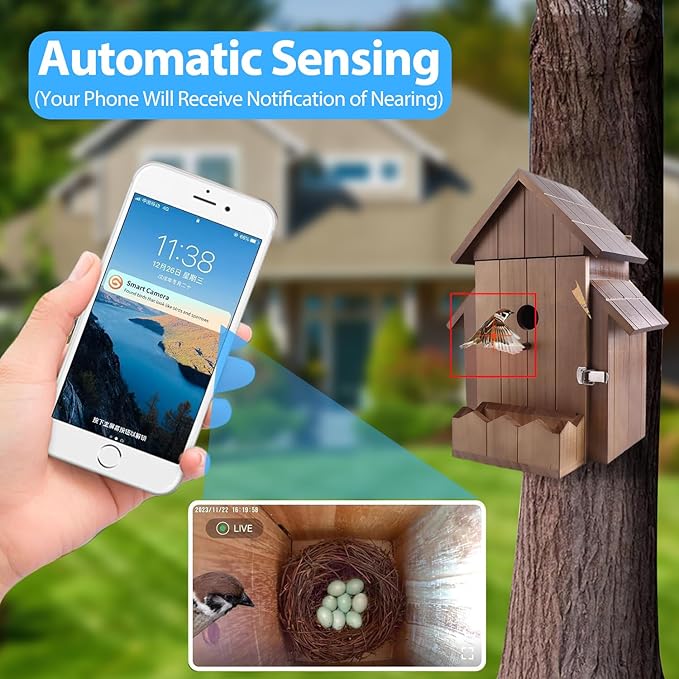 Smart Bird House with Camera, 1080p HD WiFi Outdoor Bird Box. Features Auto Capture Bird Video & Motion Detection, Night Vision, App Alerts and Serves as a Bird Nesting Box (Dark, Normal)