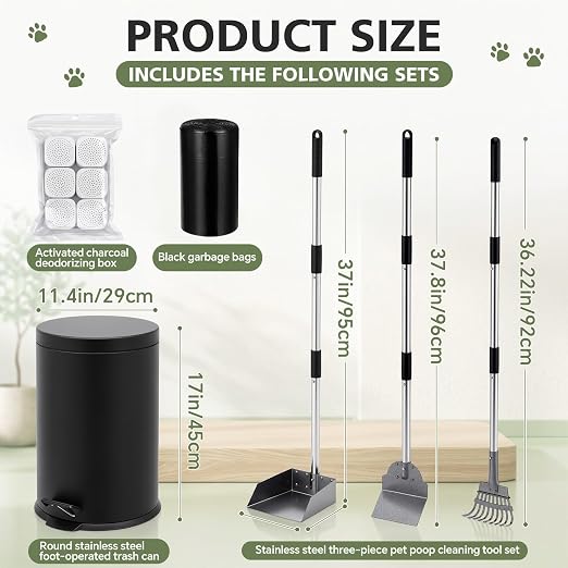 Lounsweer Dog Poop Trash Can Outside, 20L/5.3 Gallon Stainless Steel Dog Waste Can with Foot Pedal, Removable Inner Bucket, 3-Piece Pooper Scooper Set, 6 Activated Carbon Filters & 50 Waste Bags