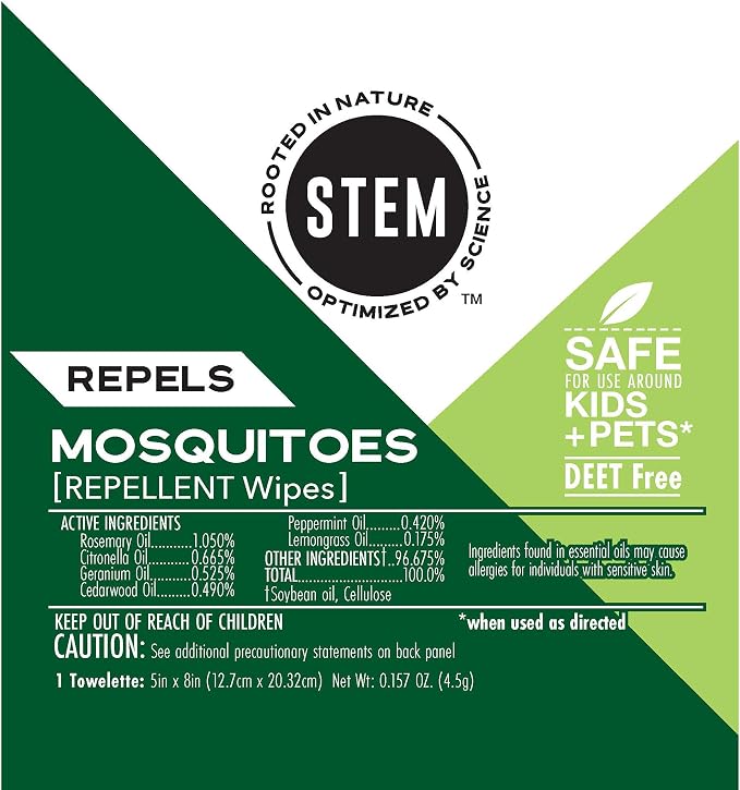 STEM Mosquito and Tick Repellent Wipes with Botanical Extracts - 10 Wipes