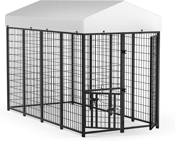 LOVMOR 8' x 4' Outdoor Dog Kennel with Roof for Large Dogs | Heavy duty steel frame, waterproof canopy, double latch door, adjustable feeding bowls for yards and patios