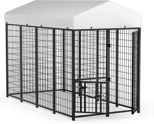 LOVMOR 8' x 4' Outdoor Dog Kennel with Roof for Large Dogs | Heavy duty steel frame, waterproof canopy, double latch door, adjustable feeding bowls for yards and patios