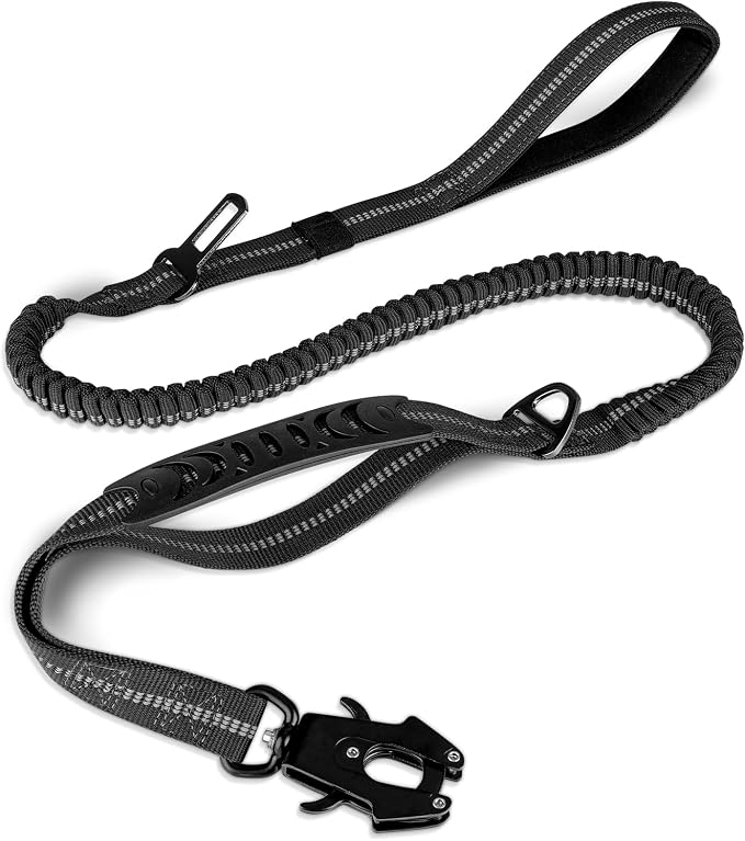 Joytale Tactical Bungee Dog Leash, Shock Absorbing No Pull, Black | For Large Dogs That Pull, 2 Padded Handles for Control, Car Seatbelt Clip, Reflective for Night Safety, Metal Frog Clip