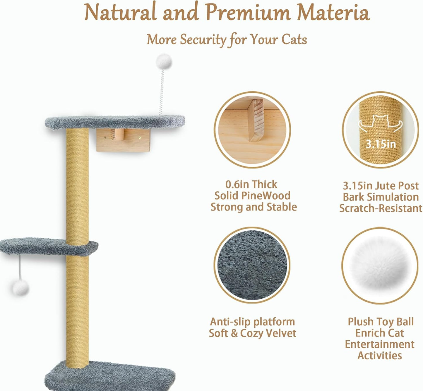 Wall Mounted Cat Wall Shelves and Climbing Tree for Kittens, 4-Tier Adjustable Cat Furniture for Indoor Cats Under 30lbs, with Grey Plush Platforms