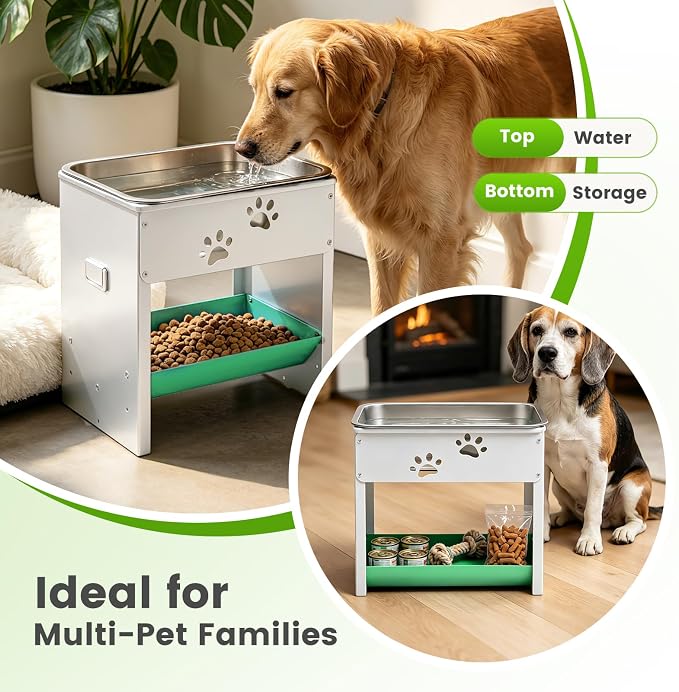 3 Gal Large Dog Water Bowl Elevated 14.2" Outdoor Stainless Steel Pet Water Food Bowl Adjustable Raised Metal Dog Bowl Stand Dish Plate for Cat, Big, Extra Large Breeds, Easy to Clean