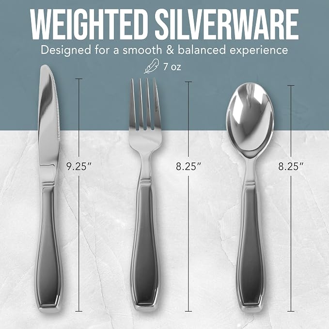 BUNMO Weighted Utensils for Hand Tremors - Elderly, Weak Hand Grip & Handicapped - Stainless Steel - Eat Independently