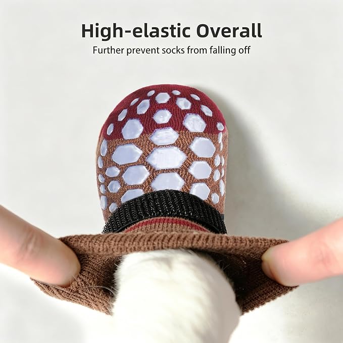 PUPTECK Anti-Slip Dog Socks with Double Sides for Small Medium Large Dogs Hardwood Floors Prevents Licking, Dog Shoes for Hot Pavement Traction Control Paw Protector for Senior Dogs, Striped Brown XL