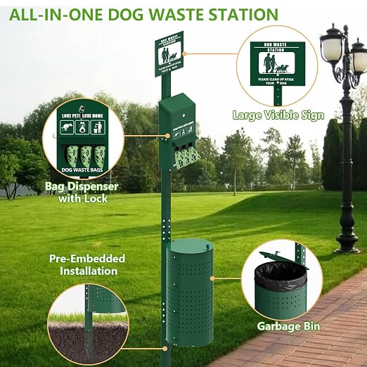 Dog Waste Station - Large 11.5 Gallon Dog Poop Station with Poop Bags, Liner Bags, Lockable Dispenser & Keys – Heavy-Duty Outdoor Pet Waste Station for Commercial Use, Parks, Backyard