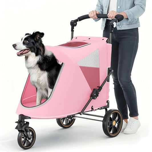 MoNiBloom Pet Stroller for Large Dogs or Dogs Cats up to 55 lbs, Pink | with Adjustable Handle, 3-Wheels Dual Entry Portable Dog Carting Easy Folding Pet Wagon Double Multiple Dog Stroller