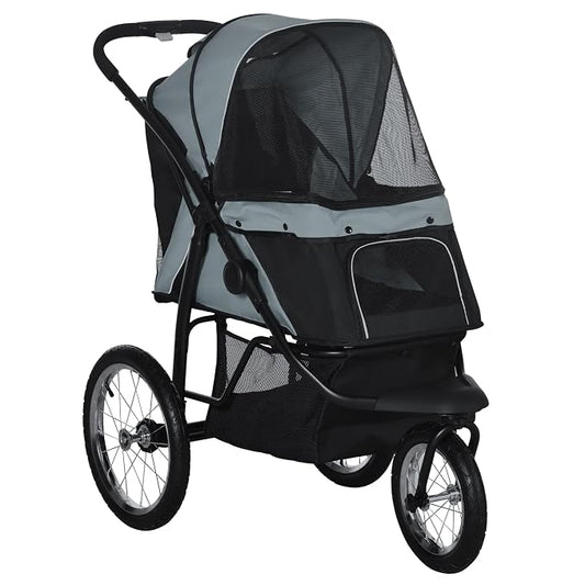 PawHut 3 Wheels Pet Stroller, Foldable Dog Stroller with Adjustable Canopy, Safety Tether, Cushion, Storage Basket, Portable Jogger for Small and Medium Dogs and Cats, Gray