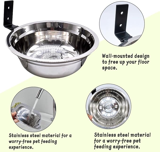 Wall Mounted Dog Bowls-2 * 29 Oz, Stainless-Steel Raised Adjustable Height