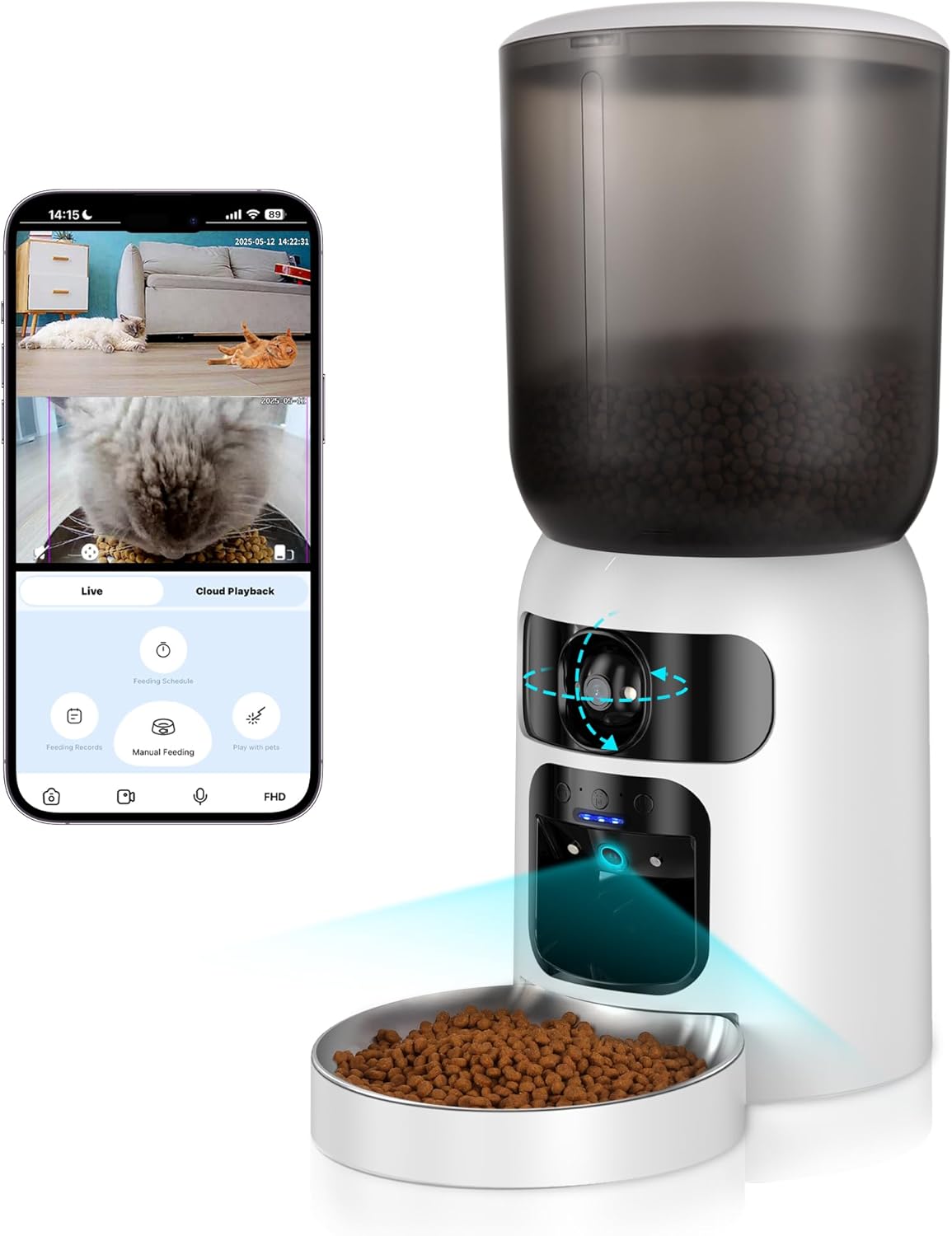 6L Automatic Cat Feeder with Dual Camera, 1080P HD Night Vision & Dual Power Supply, Easy Setup Timed Food Dispenser with Desiccant Bag for Cats & Dogs, 5G WiFi Pet Feeder with 2-Way Audio
