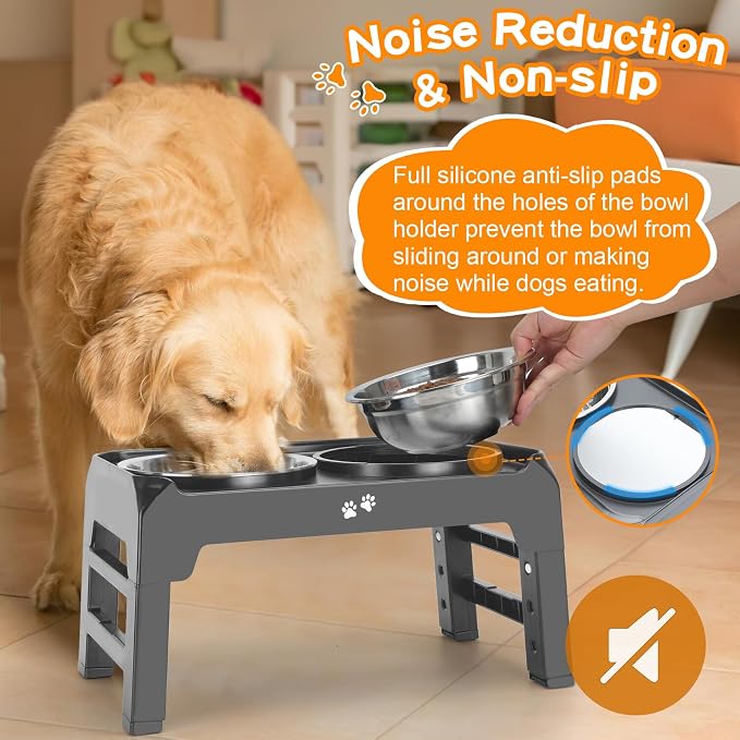 Elevated Bowls, 4 Height Adjustable Raised Stand with 2 Thick 50oz Stainless Steel Food Bowls, Non-Slip Feeder for Large Medium Dogs, Adjusts to 3.7", 9.2", 10.75", 12.36" Grey (Pack of 2)