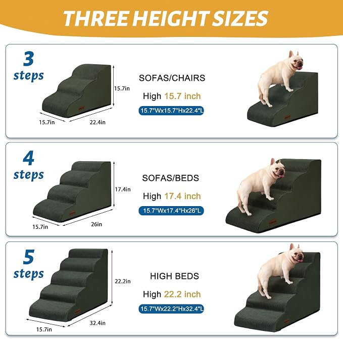 Aodisman Dog Stairs for Small Dogs and Cats,3-Step Pet Ramp for Couch,Chair | 15.7" H Non-Slip Sturdy Dog Steps with Curved Ramp for Senior,Short-Legged Dogs,Puppy and Cats to Reach Sofa or Chair,Green