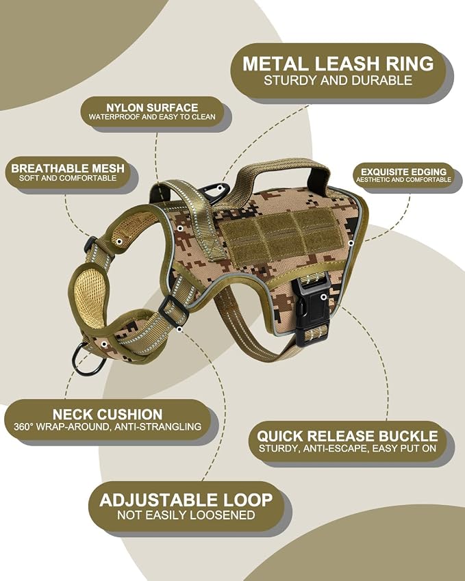 Dog Harness, Tactical No Pull for Small Sized Dog with Handle | Breathable Soft Padded, Adjustable, Reflective, Molle System, Heavy Duty, No Choke for Walking Training, Desert Camo Small