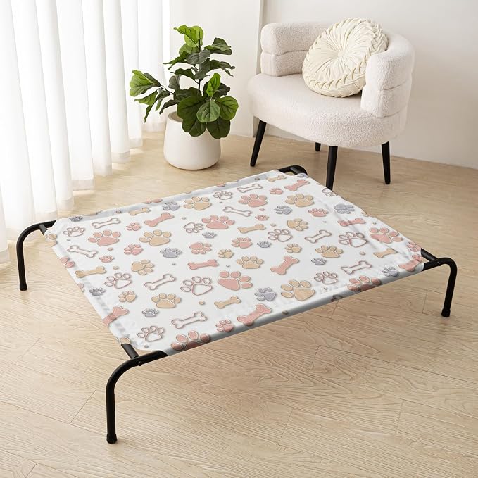 QOOMO Elevated Dog Bed with Cooling Fabric, Pet Cot for Small and Big Dogs, Indoor and Outdoor Use, Joint Relief, Cute Printed Cushion Included (Orange Paw Prints, 35.43" L*25.59" W*8.27" Th)