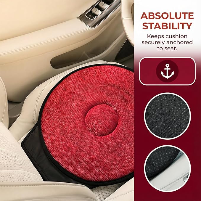 360 Degree Swivel Car Seat Cushion, Round Rotating Non Slip Vehicle Chair Pad for Elderly Support, Portable Removable Automotive Interior Seat Assist Pad, Universal for Sedan RV Truck (Red)