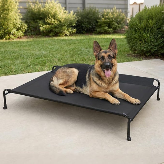 Veehoo Outdoor Dog Bed, Raised Dog Beds for Large Dogs, Elevated Dog Bed with Headrest, Washable Cooling Pet Cot with Non-Skid Feet, Breathable Mesh, Pet Hammock for Indoor or Camping, 47", Black