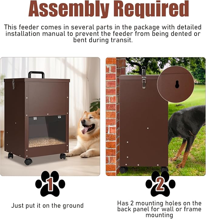 45Lbs Automatic Dog Feeder Large Breed, Easy to Move with Wheels | Large Capacity Outdoor Gravity Dog Feeder, Galvanized Metal Self Feeding Dog Food Dispenser with Clear Door
