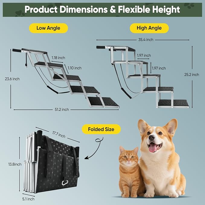 Sakerplus Dog Stairs for Large Dogs, 17.7” Wide Dog Ramps for Car 5 Steps | Foldable Dog Steps with Non Slip Surface, Portable Pet Steps for SUV, High Beds, Truck, Support Up to 200lb