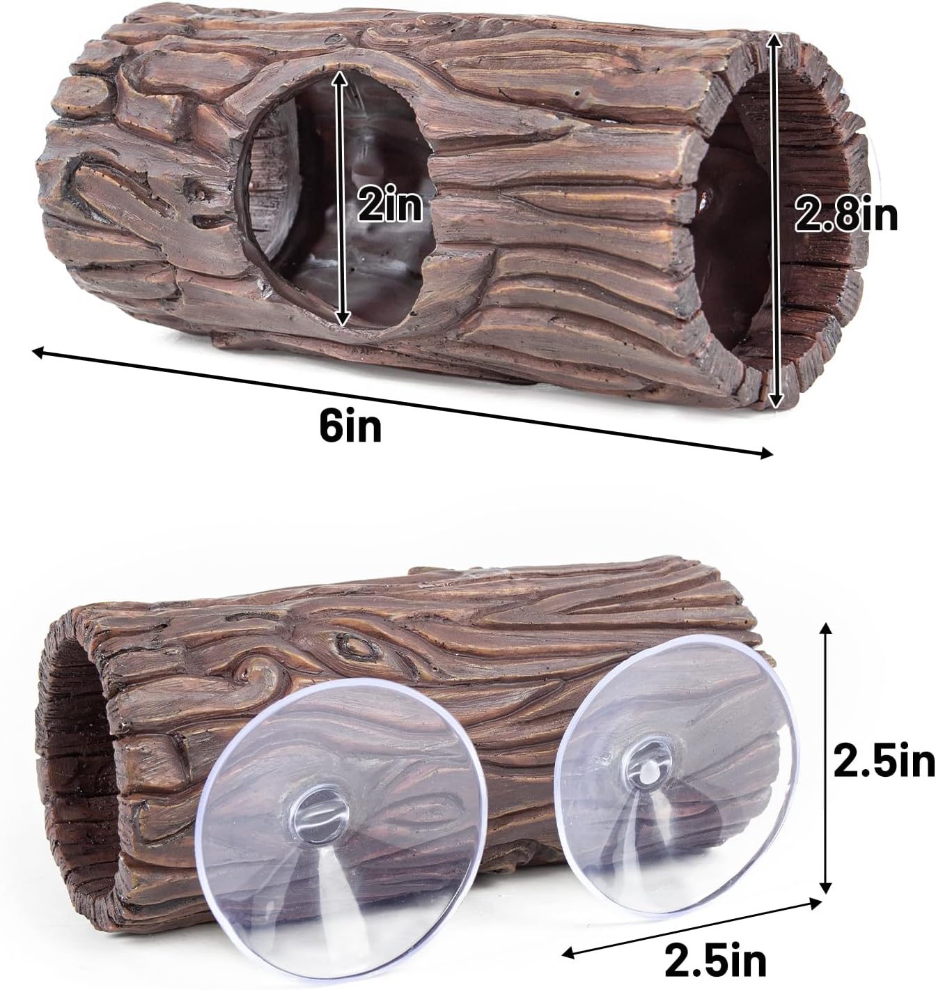 Reptile Hide, Resin Hollow Log Hideout with 2pcs Powerful Suction Cup, Reptile Tank Accessories Climbing Toys Terrarium Hideaway Caves Decor for Gecko, Lizard, Snakes, Hermit Crabs, Forgs