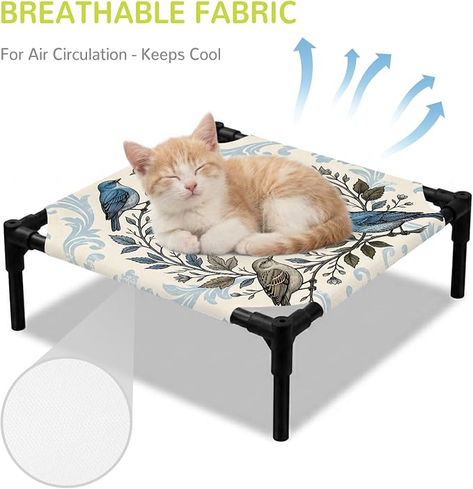 Outdoor Elevated Dog Bed for Small Dogs, Blue Floral Breathable Cooling Raised Dog Cot for Indoor/Outdoor, Rustic Birds Flowers Vintage Branch Garland Waterproof Elevated Pet Beds, S 20 x 20 in