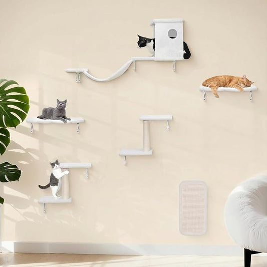 Meecal 6-in-1 Cat Wall Shelves, Wall Mounted Cat Furniture Set, Cat Shelves for Wall with Scratching Posts, Cat Bed & Bridge, Space Saving Cat Climbing Perch for Kittens, White