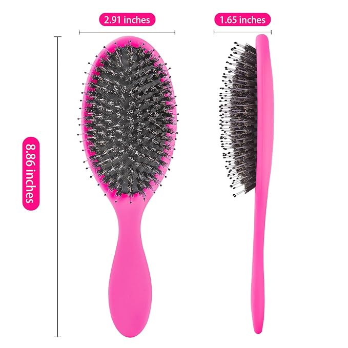 Boar Bristles Hair Brush for Women and Men, Detangling Hair Brush for Smoothing Massage Add Shine, Nylon&Boar Bristles Detangler brush for Hair Healthy (1 Pack-HotPink)