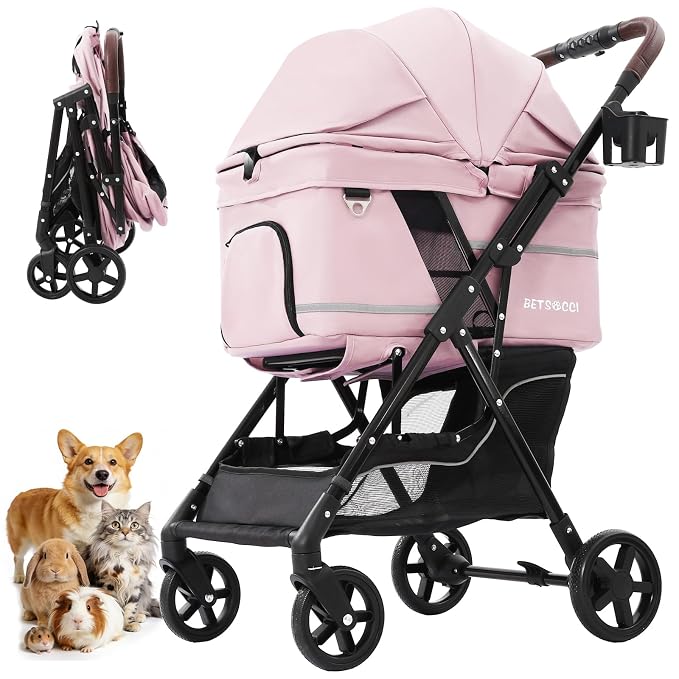 No-Zip Pet Stroller for Small Dogs & Cats, 44 lb, Pink | No-Zip Canopy, 44 lb Capacity, Reflective Trim, 2 Tethers, Lockable Front Wheels, Rear Brake and One-Hand Fold