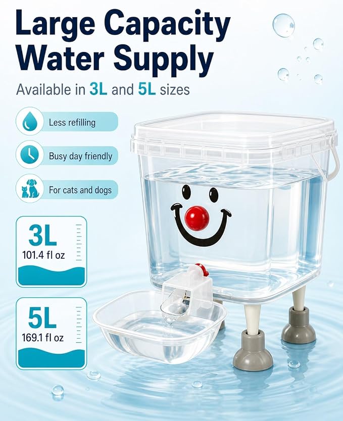 Pet Water Dispenser with Large Capacity Elevated Gravity Bowl for Dogs Cats | Clear plastic tank on sturdy raised stand feeds wide tray indoors outdoors daily hydration nopower cord refillable easy clean
