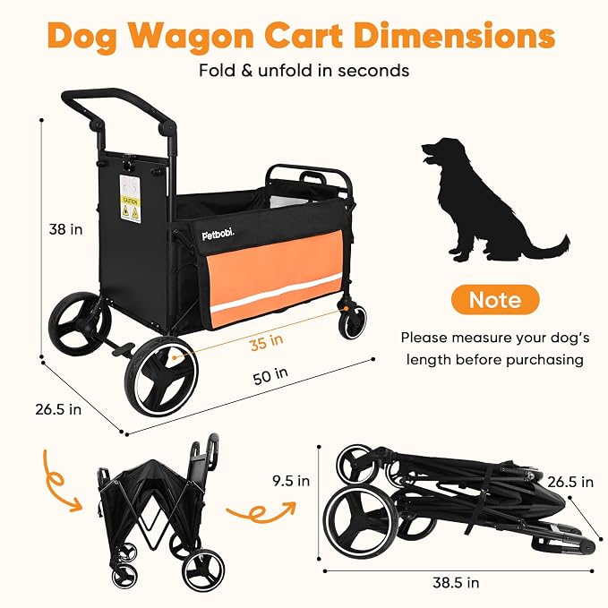 Petbobi Dog Wagon for Large Dogs, Push & Pull Foldable Pet Cart with Ramp | Fits Medium & Heavy Breeds Up to 80 lbs, 360° Swivel Stroller Wheels, Adjustable Handle, Foot Brake, Safety Leashes, Orange