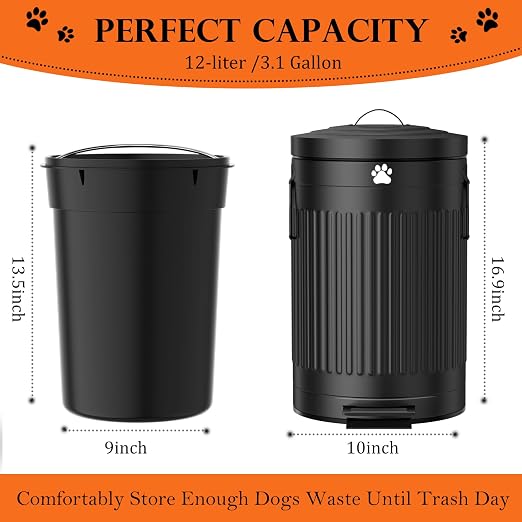 Dog Poop Trash Can Outside - 12L/3.1Gal Metal Outdoor Trash Can with Lid | Outdoor Dog Poop Trash Can with 40 Bags and Removable Inner Bin, Dog Waste Container with Lid Soft Close, Round Black