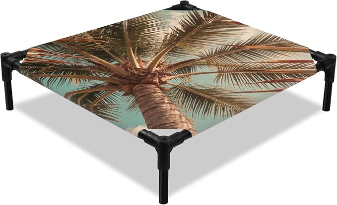 Outdoor Elevated Dog Bed for Small Dogs, Summer Palm Tree Breathable Cooling Raised Dog Cot for Indoor/Outdoor, Tropical Plants Botanical Trees Waterproof Elevated Pet Beds, S 20 x 20 in