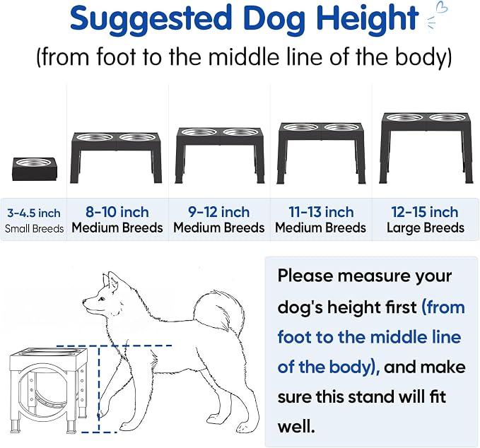 XIAZ Elevated Dog Bowls Large Breed Raised Dogs Bowl Stand Large/Medium Sized Dog Stainless Steel Food Water Bowl Stands 5 Heights Adjustable 9/11/12/14in Black Pet Feeder Dish Station