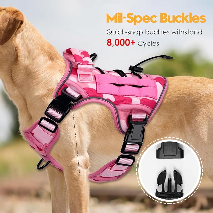 Heavy-Duty Tactical Dog Harness for Large Dogs, No Pull Adjustable Reflective Pet Vest with Molle System, K9 Military-Grade Control for Service Training, Outdoor & 10+ Breeds, Pink Camo, Medium