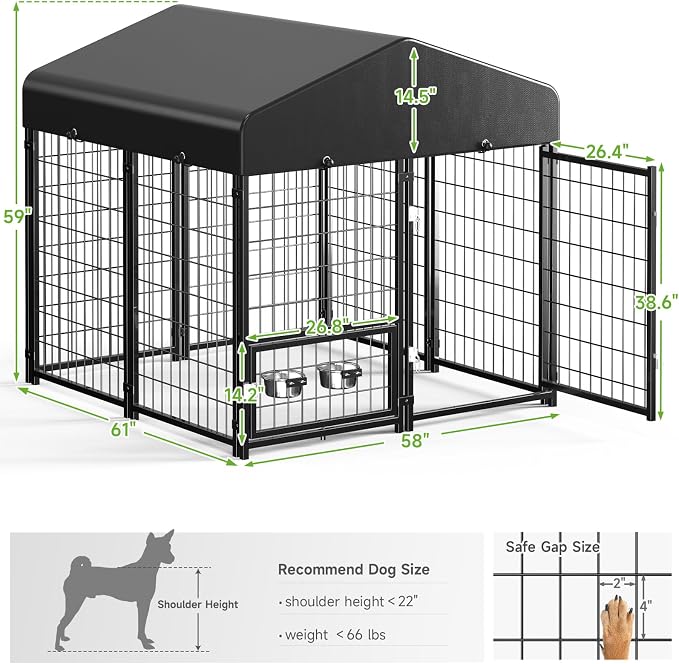Dog Kennel Outdoor, Weatherproof Outside Dog Kennel with Roof & Swivel Feeders and Removable Dog Door, Outdoor Kennels Dog Enclosure Run for Medium Large Dogs (5'L x 5'W x 5'H)