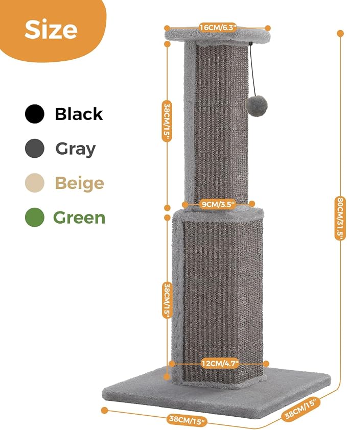 PAWZ Road Cat Scratching Post 32” Tall Square Cat Scratcher | Heavy Duty Cat Post with 16x16”Large Base Covered Sturdy Woven Sisal Scratcher and Cat Toy Ball for Adult and Indoor Cats