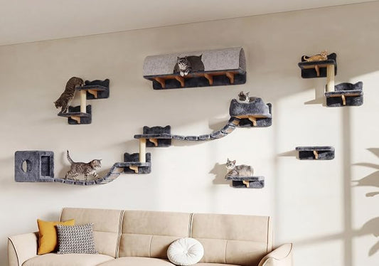 16-in-1 Cat Wall Shelves, Cat Furniture w/Tunnel & Bridge, Grey | Wall Mounted Cats Shelf Set with Plush Fabric, Cat Climbing Wall Systems for 16 Inch Drywall, with Scratching Posts, Condos