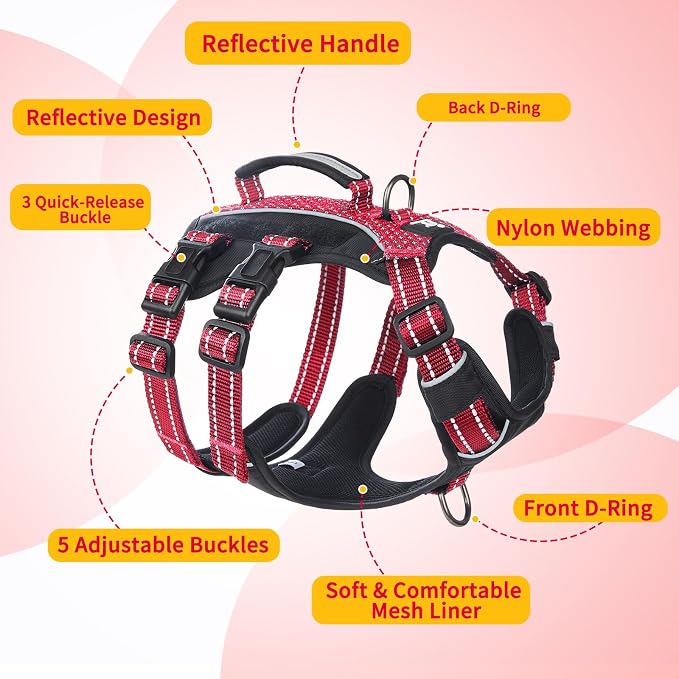 Service Dog Vest Harness, Escape Proof Harness with 6 Patches, No-Pull, Reflective Harness with Handle, Adjustable for Small to Large Dogs, for Training and Hiking (Red, S)