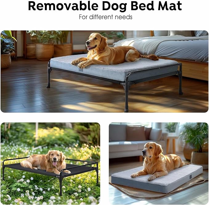Veehoo Elevated Raised Dog Bed+Removable Dog Cot Mat-Cooling Outdoor Large Pet Bed Three-Sided Guardrail Raised Pet Cot Hammock Bed with Bolster-35 x 22" Black